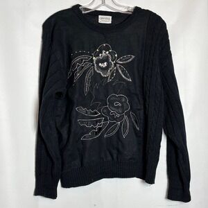 80s 90s Vintage Black Beaded Floral Applique Knit Crewneck Sweater Large